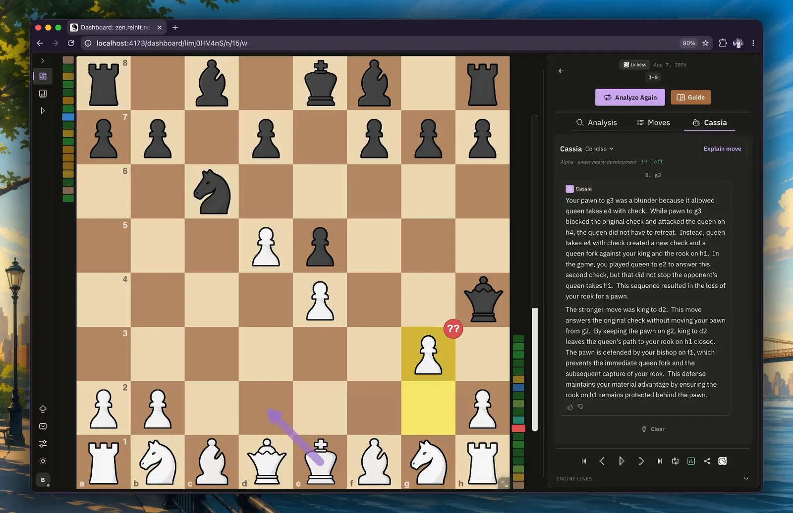 Zen by reinit showing a chess position beside Cassia's explanation of why the move g3 was a blunder