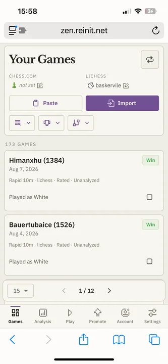 Zen mobile personal game library with Chess.com and Lichess import controls