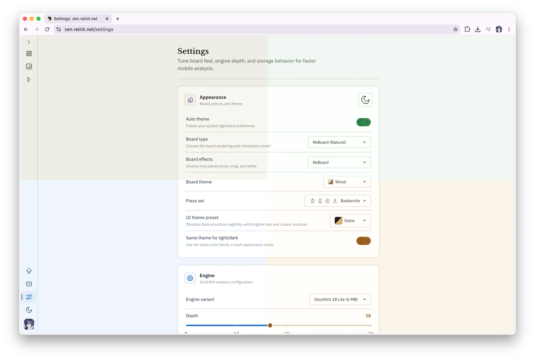 Zen appearance settings for interface theme, board theme, piece set, board effects, and animation controls