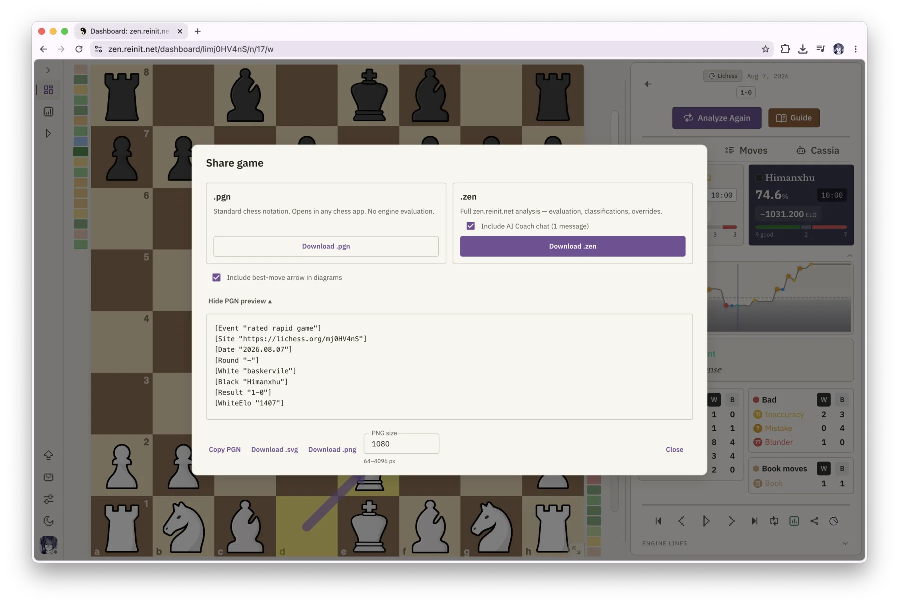 Zen share dialog with PGN, portable .zen analysis, PNG, SVG, and analysis export options
